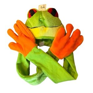Rainforest Cafe Frog Plush Winter Hat Kids Green Scarf Hand Warmers New